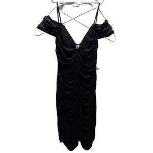 Privy Off Shoulder Shirring Mesh Dress Women's Large Black Cocktail Bodycon NWT
